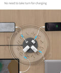 Top view of a flat plug extension cord in pocket watch design, charging multiple devices, 10 Foot Flat Plug Extension Cord With USB Port
