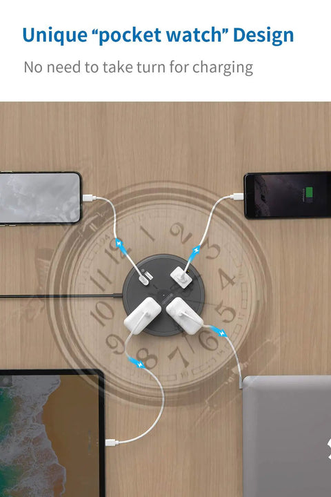 Top view of a flat plug extension cord in pocket watch design, charging multiple devices, 10 Foot Flat Plug Extension Cord With USB Port