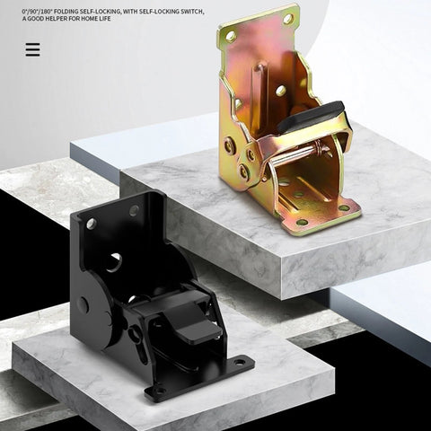 Industrial locking hinge bracket pair: black base bracket and gold 180-degree foldable hinge on marble platform