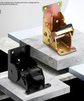 Industrial locking hinge bracket set (2) in black and gold metal for tables and workbenches, 180° foldable, high-load capacity