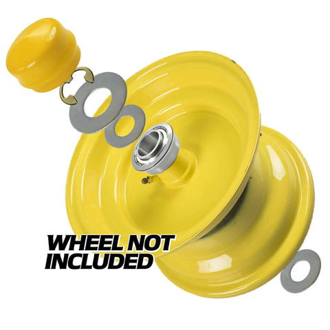 HD Switch Front Wheel Bushing To Bearings Conversion Kit for Lawn Tractors and Mowers showing yellow hub parts