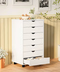 Seven Drawer Rolling Storage Cabinet With Smooth Gliding Casters, Compact White Wood Organizer For Under Desk Mobile Dresser And Bedroom Setup, stylishly displayed with open drawer.