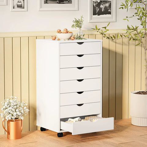 Seven Drawer Rolling Storage Cabinet With Smooth Gliding Casters, Compact White Wood Organizer For Under Desk Mobile Dresser And Bedroom Setup, stylishly displayed with open drawer.