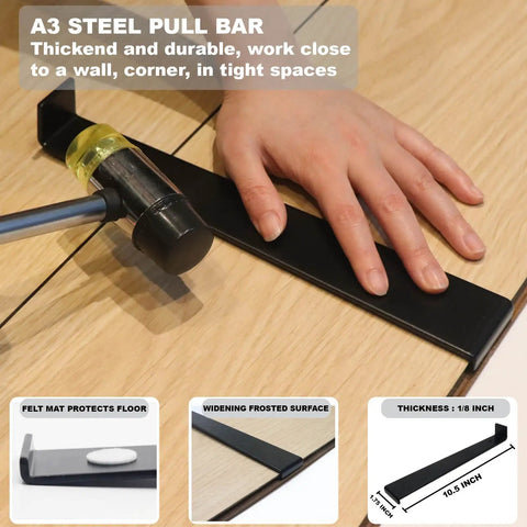 Laminate/Vinyl Flooring Tools, WHLLING 43PC Laminate Wood Flooring Installation Kit- pull bar with a mallet, used on a floor