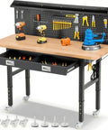 60 Inch Heavy Duty Workbench With Wheels And Adjustable Height, Real Deal Heavy Beast With Solid Rubberwood Top, Rolling Garage Shop Station Featuring Storage Drawers And Pegboard Rail with tools and accessories.