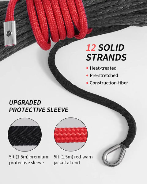 Beefed Up Synthetic Winch Rope Kit 50 Foot One Quarter Inch Cable With Steel Hook, Protective Sleeve And Rubber Stopper