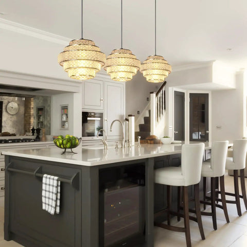 Modern Pendant Light With Adjustable Height Acrylic Multilayer Lantern Chandelier Hanging Fixture in a kitchen setting