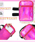 Holographic Thigh Bag With Adjustable Strap Leg Pouch Harness For Women Pink Leg Bag For Travel Hiking Festivals And Summer Adventures With Hands Free Storage And Color Shifting Reflective Shine, showing zippered pocket and adjustable straps