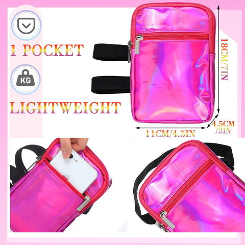 Holographic Thigh Bag With Adjustable Strap Leg Pouch Harness For Women Pink Leg Bag For Travel Hiking Festivals And Summer Adventures With Hands Free Storage And Color Shifting Reflective Shine, showing zippered pocket and adjustable straps