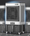 Beat The Humidity Fast With This No Sweat Evaporative Air Cooler And Swamp Cooler with three units featuring wheels and fan grilles.