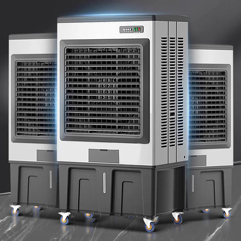 Beat The Humidity Fast With This No Sweat Evaporative Air Cooler And Swamp Cooler with three units featuring wheels and fan grilles.