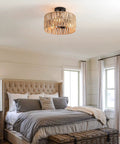 Bedroom with Three Light Rustic Woven Flush Mount Ceiling Fixture With Industrial Metal Finish, Farmhouse decor.