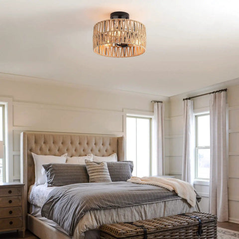 Bedroom with Three Light Rustic Woven Flush Mount Ceiling Fixture With Industrial Metal Finish, Farmhouse decor.