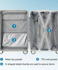 Interior of 20 Inch Carry On Luggage With Spinner Wheels USB Port Expandable Hard Shell Suitcase showing pockets and straps