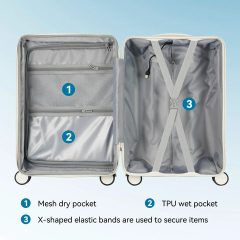 Interior of 20 Inch Carry On Luggage With Spinner Wheels USB Port Expandable Hard Shell Suitcase showing pockets and straps