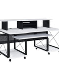 72 Inch Music Desk Workstation With Crossed Metal Panels Keyboard Tray White Finish Wide Monitor Surface Central Shelf