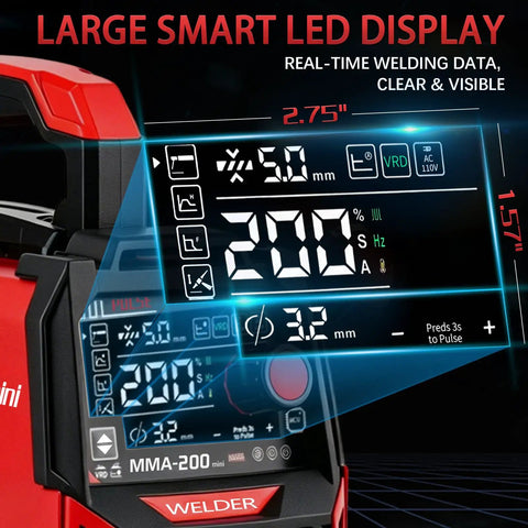 110V Pulse Welder For DIY Pros, 20 To 200A 2 In 1 Stick And TIG with LED display showing welding settings and control features