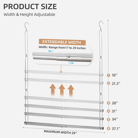 Diagram of the adjustable closet rod with measurements, showing width from 17 to 29 inches and height from 18 to 37.1 inches.