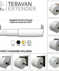Toilet Paper Holder Extender For Extra Large Rolls No Fuss Fit For Double And Triple Rolls In Regular Or Ceramic Wall Mounts Silver Finish Easy Install And Durable Steel Build One Unit, shown in multiple settings.