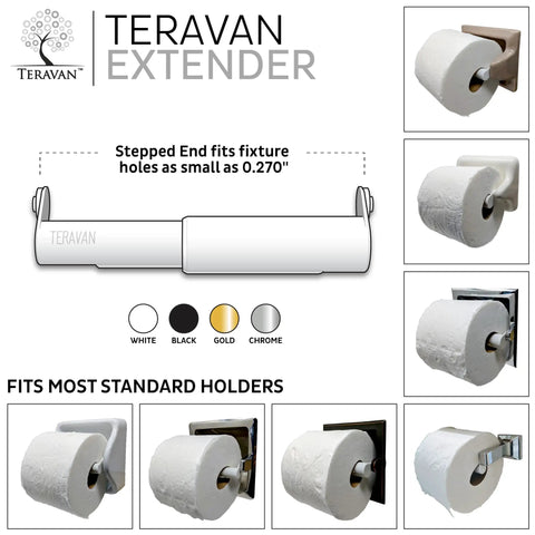 Toilet Paper Holder Extender For Extra Large Rolls No Fuss Fit For Double And Triple Rolls In Regular Or Ceramic Wall Mounts Silver Finish Easy Install And Durable Steel Build One Unit, shown in multiple settings.
