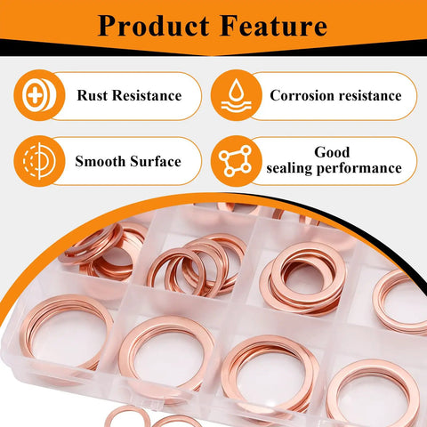 Copper Oil Drain Plug Crush Washer Set 360 Pcs 18 Sizes M6 To M24 features and washers in case