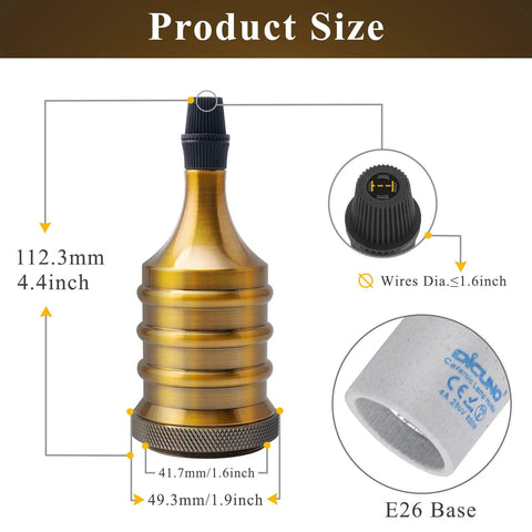Vintage E26 Lamp Socket For Edison Pendant Lighting, Dope Industrial Brass Socket Holder size chart with dimensions