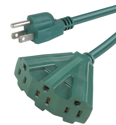 Heavy Duty Power Cord With Triple Tap Three Outlet Adapter, Sixteen Gauge SJTW Cables, Indoor And Outdoor Use, ETL Listed, Green