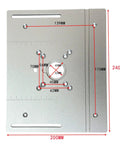 Tough As Nails Aluminum Router Table Insert Plate 200x240mm with measurements, designed for accurate woodworking trimming and engraving tasks.