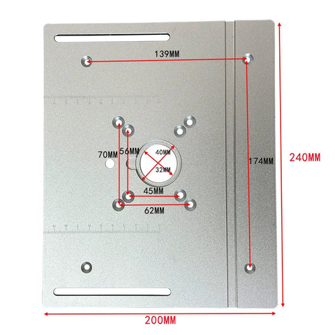 Tough As Nails Aluminum Router Table Insert Plate 200x240mm with measurements, designed for accurate woodworking trimming and engraving tasks.
