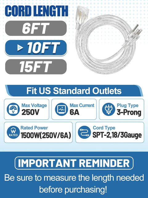 Clear 3 Prong Extension Cord, 10 Ft Indoor Power Cable, 3 x 18 AWG, Male To Female, UL Certified, Transparent Indoor Cable For Holiday Lights