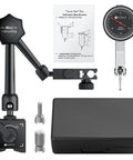 Dial Test Indicator Set With Magnetic Base Stand For Quick No Nonsense Machine Setups And Tight Spaces 0 To 0.03 Inches Of Travel With 0.0005 Inch Precision 3/8 Inch Clamping Hole Brass Finish Black, shown with components including dial indicator and magnetic base.