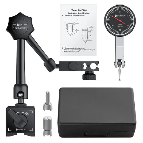 Dial Test Indicator Set With Magnetic Base Stand For Quick No Nonsense Machine Setups And Tight Spaces 0 To 0.03 Inches Of Travel With 0.0005 Inch Precision 3/8 Inch Clamping Hole Brass Finish Black, shown with components including dial indicator and magnetic base.