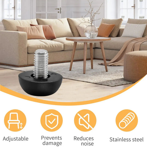 24 Pack Adjustable Outdoor Furniture Leg Levelers 8mm By 1.25 M8 Stainless Steel Screw In Feet With Non Marking Nylon Base Easy Install, Rust Resistant Patio Levelers For Tables And Chairs shown in a living room setting