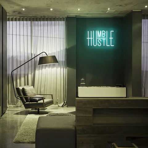 Blue Led Neon Lights Sign For Office Room And Gym Room Decor USB Powered With Adjustable Brightness on wall in modern living room