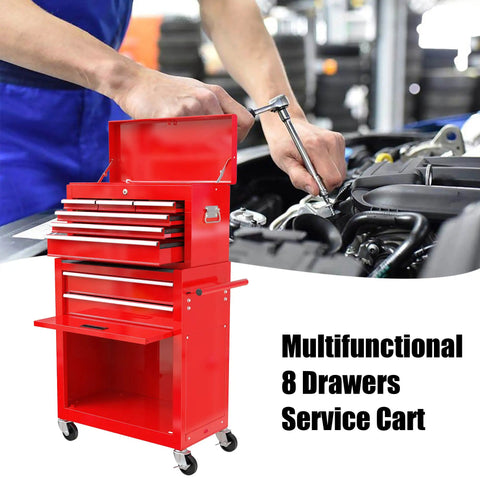Heavy Duty 8 Drawer Rolling Tool Chest On Wheels With Locking Casters And Detachable Mobile Case in red in workshop setting