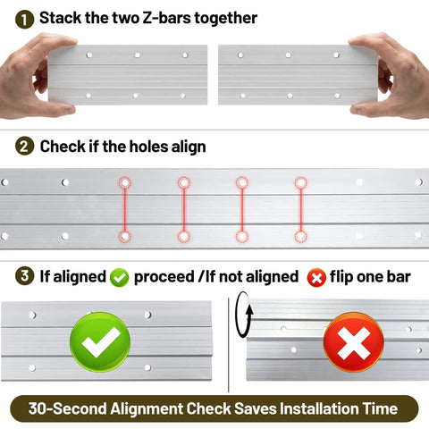 Installation guide for French Cleat Wall Hanger 30 Inch Heavy Duty Z Bar Mount showing alignment check steps.