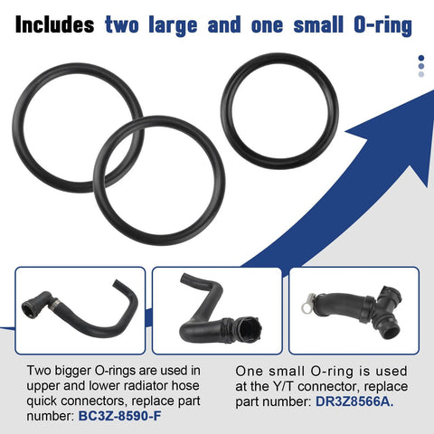 Radiator hose O-ring kit with three black rings for Ford radiator hoses, 3-pack