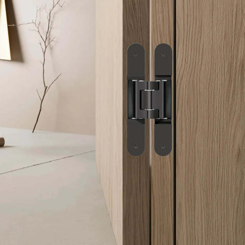 Concealed Hinge For Thick Doors 200 Mm TECTUS TE 540 3D Adjustable on a wood door, rustic umber finish, 180° opening.