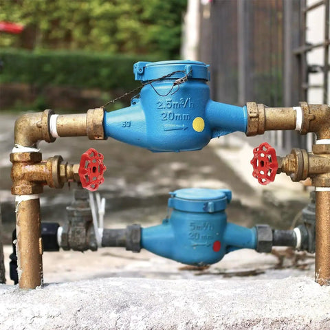 No Fuss Cast Iron Faucet Handle With Bold Red Wheel Grip on plumbing fixture, showing blue valves and red handles.