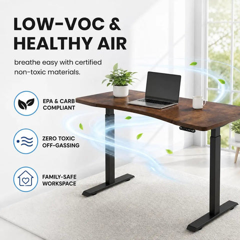 63 By 30 Inch Heavy Duty Dual Motor Electric Standing Desk Slick Curve Top, featuring non-toxic materials and healthy air benefits.