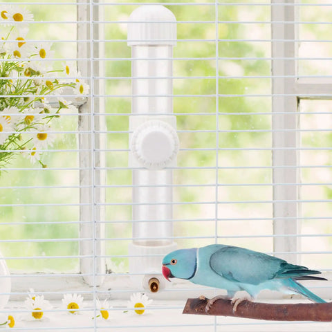 Gotta Have Cage Mounted Bird Water Bottle With Zero Drip Copper Needle Valve and Leak Proof Spring Dispenser for Parrots Budgies Finches next to a bird.
