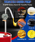 Rugged Aluminum Drum Pump Fits 5 To 55 Gallon Containers Delivers 8 GPM Flow With Smooth Rotary Hand Action Built Damn Tough For Zero Hassle Oil And Fuel Transfers Corrosion Proof Lightweight Frame Crushes Daily Garage Grind Effortlessly, displaying various oils being transferred.