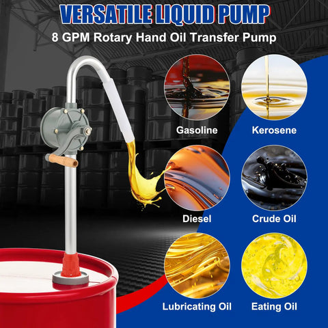 Rugged Aluminum Drum Pump Fits 5 To 55 Gallon Containers Delivers 8 GPM Flow With Smooth Rotary Hand Action Built Damn Tough For Zero Hassle Oil And Fuel Transfers Corrosion Proof Lightweight Frame Crushes Daily Garage Grind Effortlessly, displaying various oils being transferred.