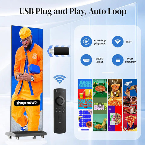 Slick Big 80 Inch P1.86 Flexible Led Screen Digital Signage Display black duo pack with remote, USB, and vivid images for stores.