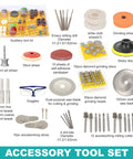 Accessory tool set including sanding discs, grinding wheels, drill bits, and goggles for lapidary projects with a compact design.