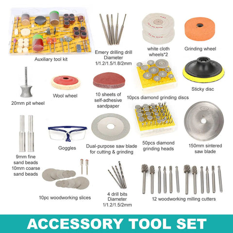 Accessory tool set including sanding discs, grinding wheels, drill bits, and goggles for lapidary projects with a compact design.