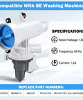 Front view of GE washer drain pump and filter assembly; white housing with blue impeller cap