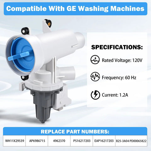 Front view of GE washer drain pump and filter assembly; white housing with blue impeller cap