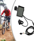 5 Pin E Bike LCD Display Screen For Electric Scooters And Bikes, Speedometer Panel With Control shown beside a cyclist