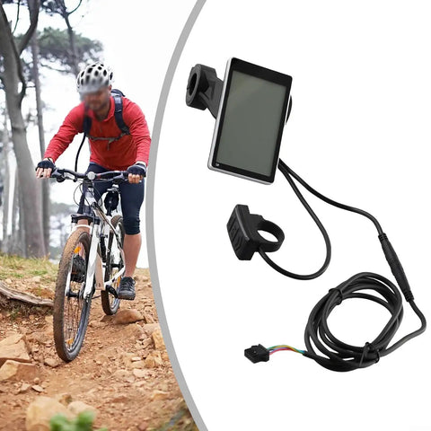 5 Pin E Bike LCD Display Screen For Electric Scooters And Bikes, Speedometer Panel With Control shown beside a cyclist